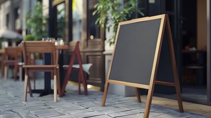 Blank chalkboard sign on sidewalk outside cafe, .in front of restaurant, menu A-frame without text