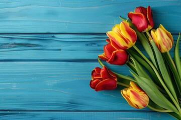 Tulips on blue wooden background. Top view with copy space. Valentine's Day, Woman's Day, Mother's Day, Easter.