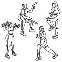Set of contoured girls who are fond of sports on sports equipment. The girl is engaged in sports. Dynamic exercises. She does fitness in a tight-fitting tracksuit. Doing sports. Women's training