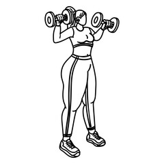 A plump contour girl does sports with dumbbells. The girl is engaged in sports. Dynamic exercises. She does fitness in a tight tracksuit. Doing sports on simulators. Women's training