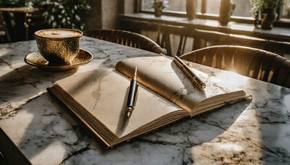 Golden Hour Inspiration: Café Scene with Journal and Pens in Warm Sunlight Glow"