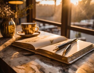 Fototapeta na wymiar Golden Hour Inspiration: Café Scene with Journal and Pens in Warm Sunlight Glow