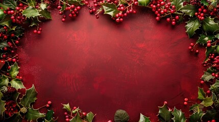 Frame your holiday memories with a festive garland of holly and berries against a rich red background.