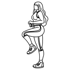 The contour girl is fond of aerobics. The girl is engaged in sports. Dynamic exercises. She does fitness in a tight-fitting tracksuit. He does sports on simulators. Women's training