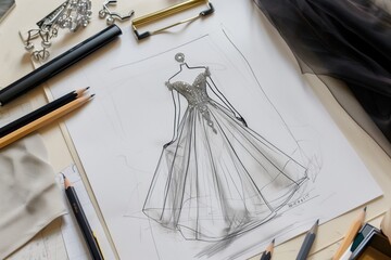Top view of a sketch of a gray crystal evening dress on paper on a table top