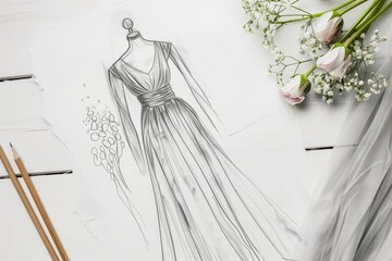 Top view of a sketch of a gray crystal evening dress on paper on a table top