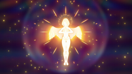 3d illustration of a beautiful shining angel flying sparingly in space