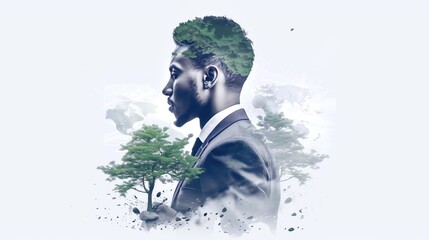 Double exposure man nature, sky, green forest. An enigmatic silhouette with a surreal landscape within, blending reality and imagination.
