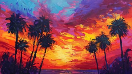 A vibrant sunset painting showcasing fiery hues of orange, pink, and purple streaked across the sky as palm trees sway gently in the warm evening breeze.
