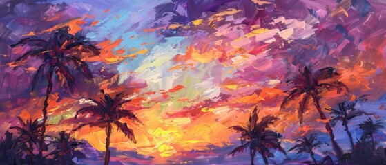 Fototapeta na wymiar A vibrant sunset painting showcasing fiery hues of orange, pink, and purple streaked across the sky as palm trees sway gently in the warm evening breeze.