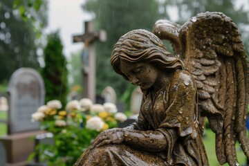 Obraz premium Guardian angel on the grave. Rainy day at graveyard.