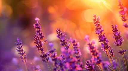 Fototapeta premium Lavender flowers landscape with sky and sunset. Natural fresh Lavender. Photo texture. Horizontal banner.