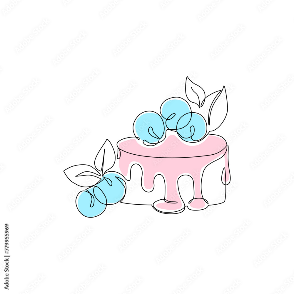 Sticker Continuous one line drawing of cake with blueberries, mint - Stickers