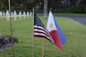 American and Filipino Flag side by side at Manila American Cemetery on March 30, 2024