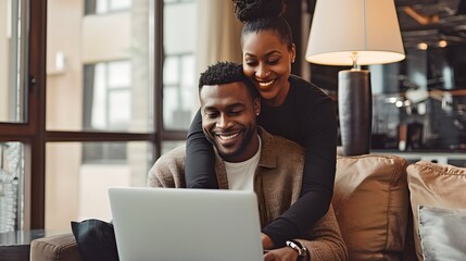 Couple enjoys leisure time browsing the internet on a laptop in a cozy living room setting. Cheerful moment captured in natural light. Lifestyle and technology blend seamlessly. AI - obrazy, fototapety, plakaty