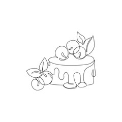 Continuous one line drawing of cake with blueberries, mint