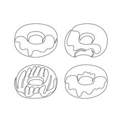 Continuous one line drawing of donuts isolated on white background