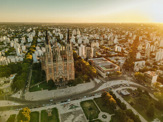 Cathedral of Jesus, La plata, aerial top view on rooftop. Church architecture on sunset