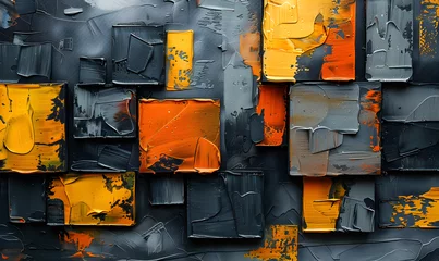 Fotobehang Minimal abstract painting with a blocky design, featuring wet acrylic brush strokes in black, grey, orange, and yellow colors. Artistic concept suitable for modern art themes and contemporary decor © Ekaterina