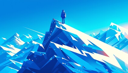 An vector illustration of an adventurous man standing at the top of a snowy mountain peak