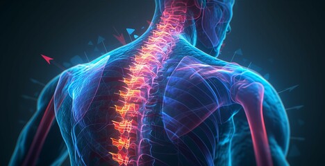 An x-ray of a human back showed pain in the spine, highlighted in red color to represent neck and low back pain, isolated on a black background