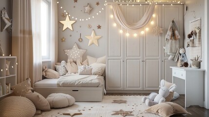 a room exquisitely decorated with golden lighting accents and sparkling star motifs, evoking a feeling of warmth and wonder, ideal for adding a touch of glamour and sophistication to any virtual space