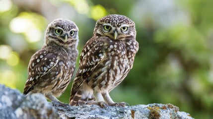 owl and its fluffy baby owl nestled together on a rugged rock formation, their piercing eyes and intricate feathers adding depth and detail to the artwork, symbolizing the beauty of nature's. 
