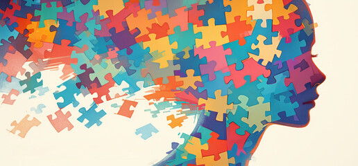 Colorful puzzle pieces forming the outline of an adult head, representing mental health awareness and support for those with brain conditions. 