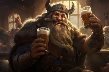 An HD-captured image showcasing a cartoon drawing of a drinking viking, exuding a jovial and...