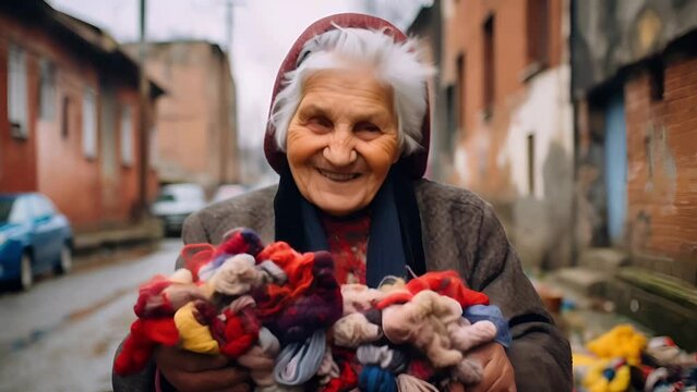 Portrait Positive grandmother smiles and sells yarn on a city street