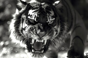 Close-up of the head of an aggressive tiger ready to attack.  
