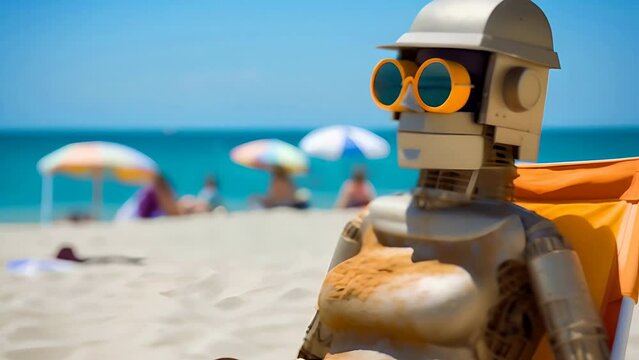 Robotic human sitting on the beach on a summer afternoon