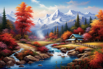 An HD-captured image showcasing a realistic depiction of a breathtaking mountain scene with a charming cabin nestled beside a serene stream, capturing the vibrant colors of the autumn foliage and crea - obrazy, fototapety, plakaty