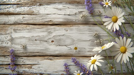 A wooden plank with daisies and lavender on it, AI
