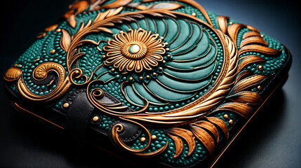 Exquisite Turquoise and Gold Embossed Floral Design on Luxurious Surface