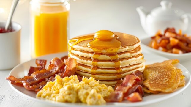 Delicious All-American breakfast spread with pancakes, bacon, eggs, and orange juice