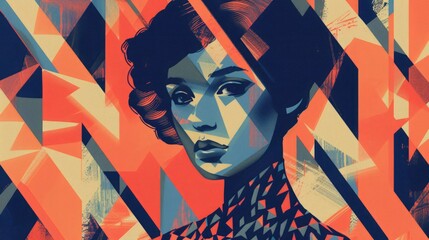 Bold geometric patterns adorn the background, adding a modern flair to the classic portrait.