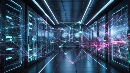 Futuristic server room with digital neural network double exposure. Central data storage area, network connection, and data center with neon lights. AI Generated