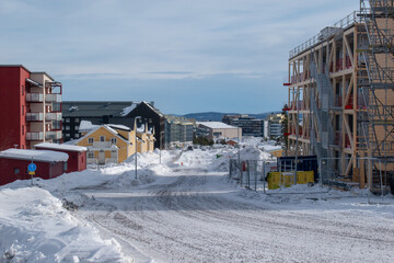 Obraz premium KIRUNA, LAPLAND SWEDEN - APRIL 3, 2024: Kiruna new city center. New residential area close to Kurravaaravagen.