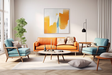 An inviting HD-captured image of a Scandinavian-inspired living room, showcasing bright colors, clean lines, and a sense of effortless elegance.