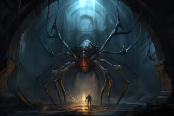 Adventurer in front of a huge gate to a dungeon with an arachnid insect monster guard