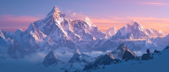 panoramic view of the himalayan mountain range at sunrise with k2 in front, snow on top and orange sky - obrazy, fototapety, plakaty