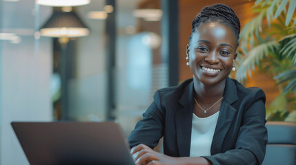 Young african business woman smiling on camera while using laptop inside modern office - Entrepreneur and black person concept - Models by AI generative