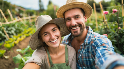 Happy couple taking a selfie while gardening - Organic garden and healthy lifestyle concept - Model by AI generative