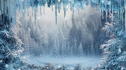 an enchanting scene with a border of glistening icicles against a frost-kissed forest backdrop. - obrazy, fototapety, plakaty
