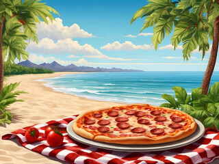 Obraz premium A delicious pepperoni pizza on a checkered picnic blanket at a sandy beach with a beautiful ocean view and lush tropical foliage design.