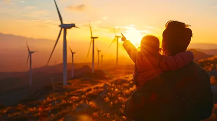 Poster Two people enjoying a serene sunset by a wind farm. A moment of connection with nature and technology. Ideal for environmental themes. AI © Irina Ukrainets