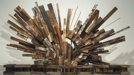 An abstract sculpture crafted from reclaimed materials, serving as a focal point in an eco-friendly art installation.