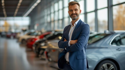 A smiling man manager in a suit with arms crossed stands confidently in a car dealership showroom - obrazy, fototapety, plakaty