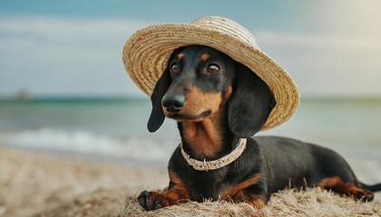 dachshund in a straw hat resting on the beach
